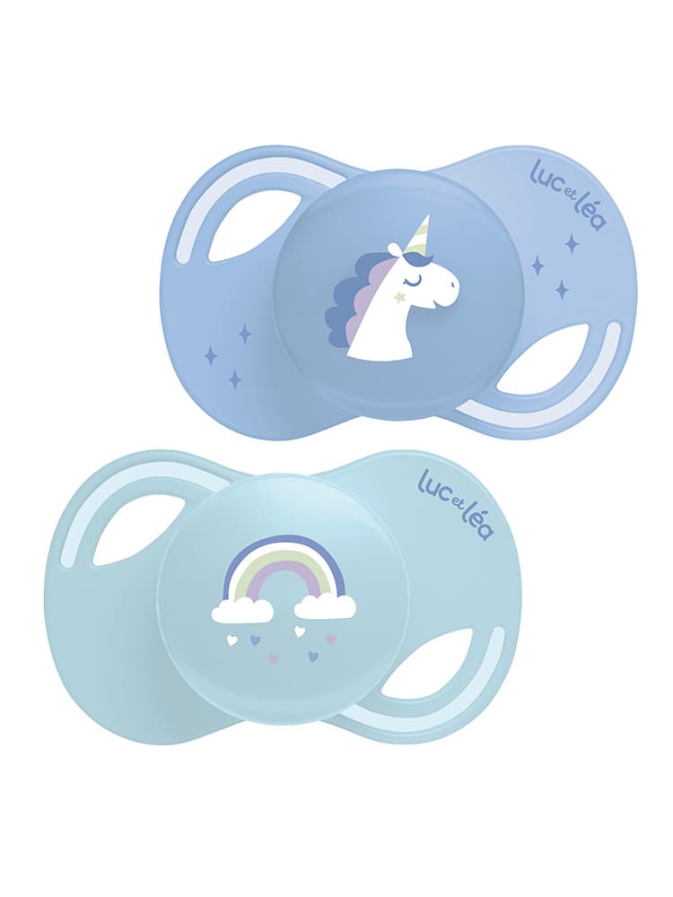 Luc et Léa Collection 2 Sucettes Téterelle Extra-Fine Anatomique 18 Mois et + - Modèle : Licorne & Arc en Ciel