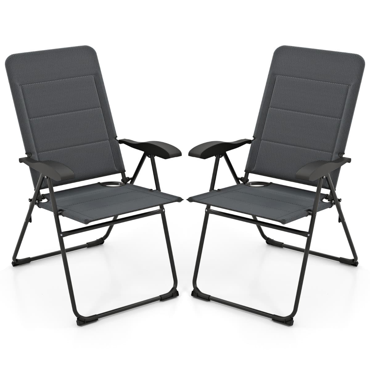 CostwayEnsemble de 2 Chaises Longues de Patio Rembourrées Fauteuils Inclinables à 7 Positions Réglables Chaise Pliante Capacité 136KG Gris