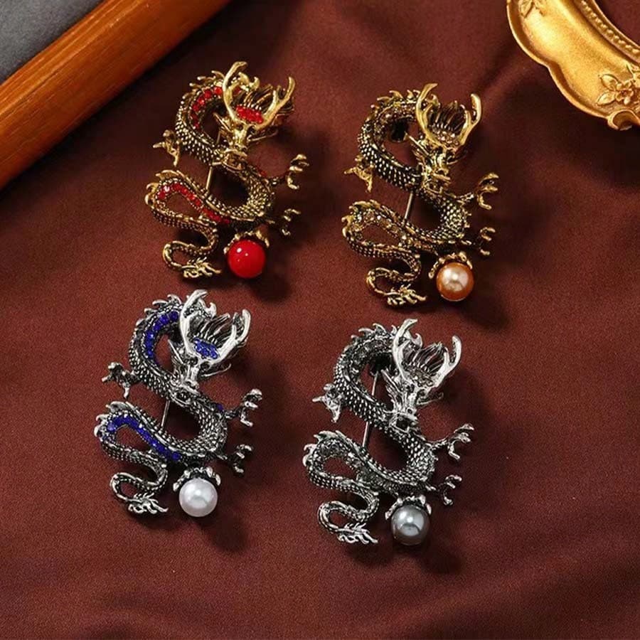 1 pièce Chic Chinese Style Dragon en forme de broche métallique, texture métallique rétro avec strass artisanal de haute qualité, à la mode et