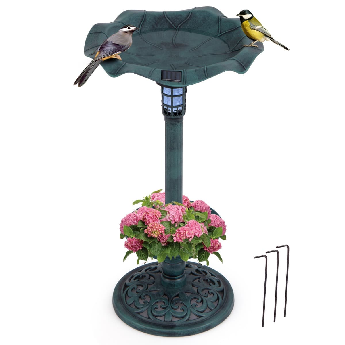 CostwayBain d'Oiseaux Solaire Extérieur Combo sur Piédestal et Mangeoire avec Bol en Feuille de Lotus Jardinière Lampe Solaire Vert